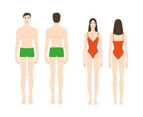 Male and female body template front and back view, Light Beige skin tone diversity man, woman. Flat vector anatomy model for fashion design, tailoring, garment fitting, measurement, art reference