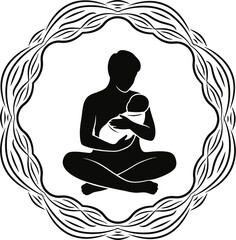 Parent silhouette holding newborn with mindful breathing leaf
