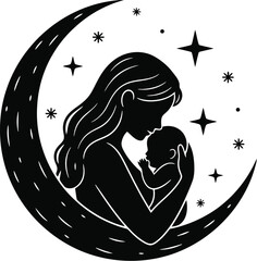 Restorative Sleep Silhouette of Parent and Baby with Crescent Moon


