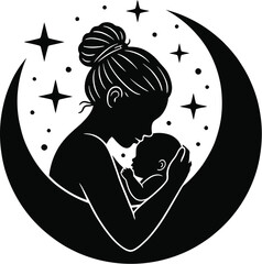 Restorative Sleep Silhouette of Parent and Baby with Crescent Moon

