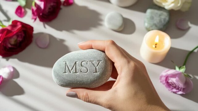 Hand holding stone with "MSY" engraving, surrounded by flowers and lit candle