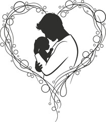 Parent and Baby Embrace Silhouette with Connecting Heart

