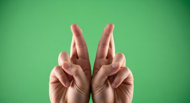 Man's hands with crossed fingers gesture for good luck or deception isolated on a green screen. Effect for chromakey. - Powered by Adobe
