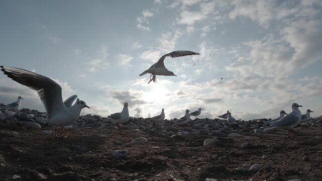 Super slow motion 240fps close up of seagulls feeding and taking flight. The dramatic wing movement and low-angle perspective highlight the intensity and beauty of the birds in motion against the sky.