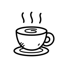Simple Line Art Drawing of a Steaming Coffee Cup on a Saucer with Swirl in the Drink and Wisps of Steam Rising Upward on a White Background