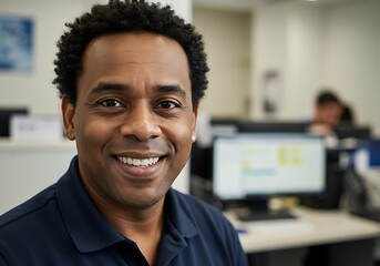Obraz premium A smiling man with dark skin looks directly at the viewer in an office setting.