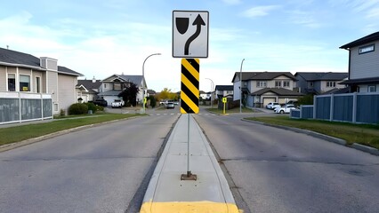 Traffic direction sign directing right turn on suburban street