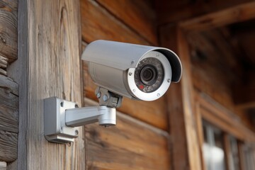 A modern, robust gray outdoor security camera is prominently mounted on a weathered wooden wall, its advanced lens and distinct red infrared illuminator capturing the scene with vigilant precision. Th