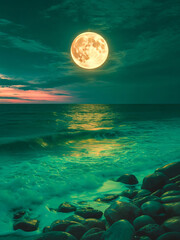 Moonlit Ocean's Turquoise Serenity: Mystical Seascape with Lunar Glow on White Background