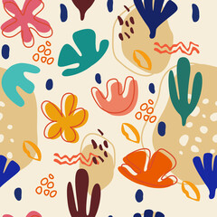 Abstract Tropical Botanical Art With Colorful Organic Shapes And Floral Motifs On A Creamy Beige Textured Background Featuring Vibrant Blue Coral Orange And Pink Hues