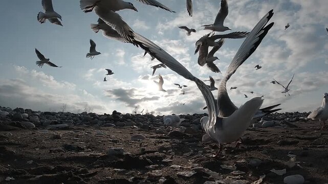 Super slow motion 240fps close up of seagulls feeding and taking flight. The dramatic wing movement and low-angle perspective highlight the intensity and beauty of the birds in motion against the sky.