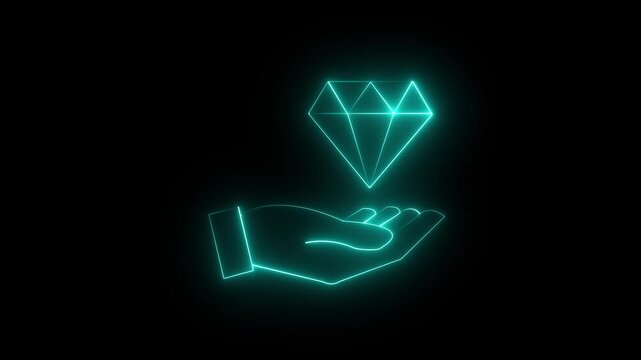 Growth value, increasing value added to business product and service. Business and finance growth concept ,Glowing neon line of diamond on hand isolated on transparent black background.4k