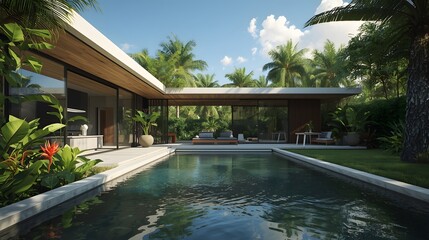 Fototapeta premium Modern Luxury Villa with Swimming Pool and Tropical Garden in Sunny Outdoor Residential Setting from Ground View