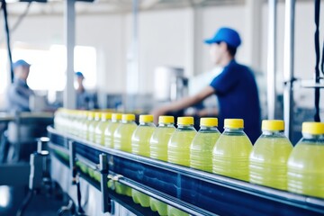 Beverage bottles with yellow caps moving on a conveyor belt in a factory, with blurred workers overseeing the production