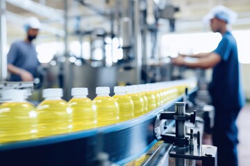 Factory workers overseeing yellow drink bottles moving on a production line in a modern beverage manufacturing plant