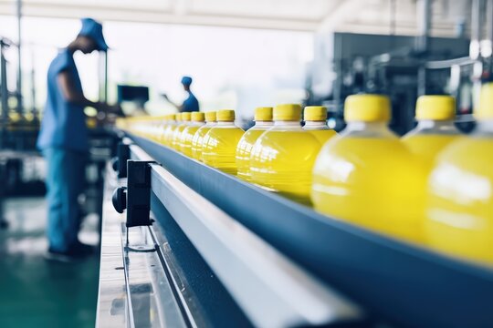 Worker inspecting yellow capped juice bottles on an automated conveyor in a modern food manufacturing plant, close up quality control