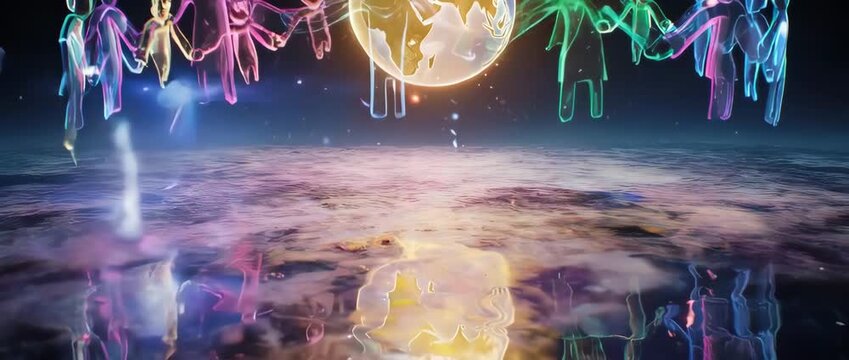 Abstract figures hold hands around a glowing globe, symbolizing worldwide unity and solidarity for World Cancer Day. A concept of community and collective action.