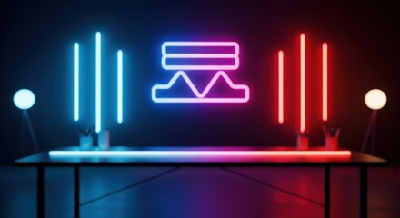 Illuminated neon signs create a vibrant ambiance against a dark backdrop, forming an abstract composition with striking blue and red elements.