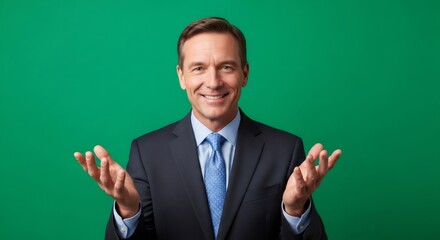 Businessman with open hands presenting on green screen. Man smiling with hands gesturing. Concept chroma key background for visual effect.