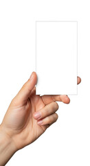 hand holding a blank vertical business card or flyer mockup. Isolated on transparent background,