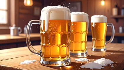 Three cold mugs of frothy lager beer on a rustic wooden pub table.