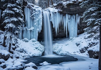 Winter's icy embrace: A captivating waterfall scene featuring stunning icicles and frozen landscapes, creating a