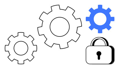 Black and blue interlocking gears with a secured padlock indicate collaboration and protection. Ideal for technology, data security, teamwork, innovation, system control, privacy, simple flat