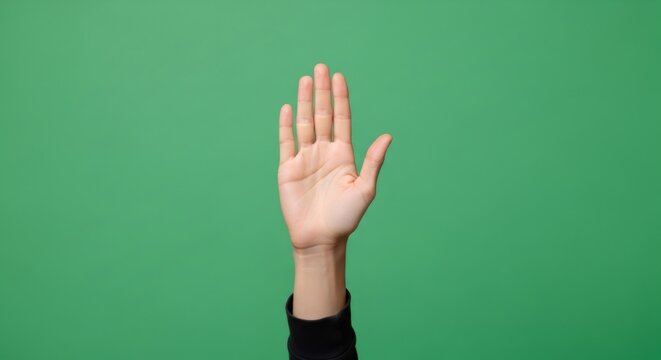Woman show her palm hand. Woman showing stop gesture. Chromakey isolated on green screen background.
