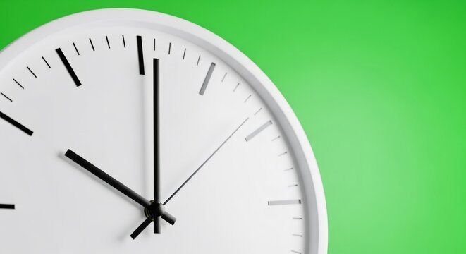 White clock face with black hands moving on green screen background. Concept of passing time, schedule, and deadline. Countdown effect.