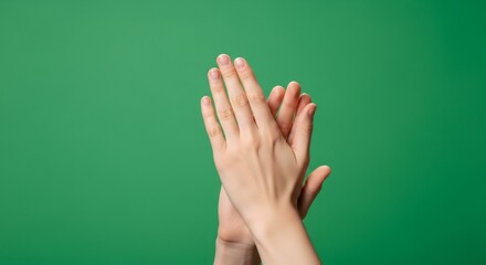 Woman with hands together gesture for a chromakey effect. Two female hands interact. Isolated on green screen background.