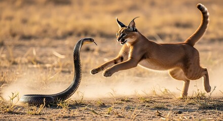 Dynamic wildlife scene featuring a powerful caracal leaping towards a venomous cobra in a dusty African savanna, showcasing the raw instinct of predator and prey in a thrilling encounter