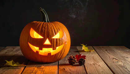 Glowing Jack O Lantern on Wooden Table for Halloween.