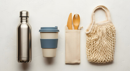 Showcase of ecofriendly essentials. Reusable water bottle, coffee cup, bamboo cutlery and net bag symbolize sustainable living and commitment to reduce waste.