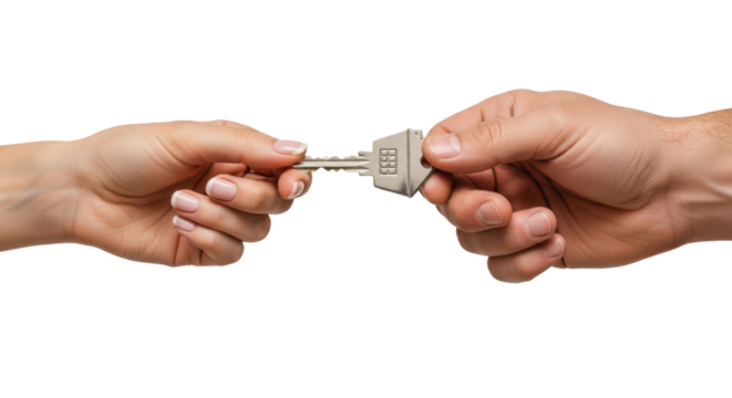 Hand giving house key to another hand, real estate and property concept, isolated on transparent background