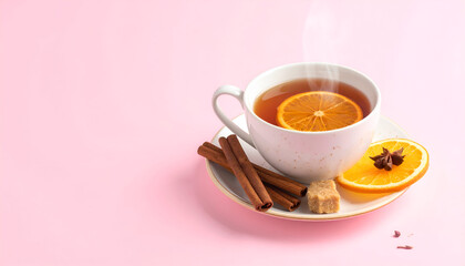 Cozy Cup of Hot Tea with Orange and Cinnamon on Pink Background.