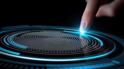 Futuristic touch interface with glowing blue circular HUD and human finger interacting, finger touch holographic interface with glowing blue - Powered by Adobe