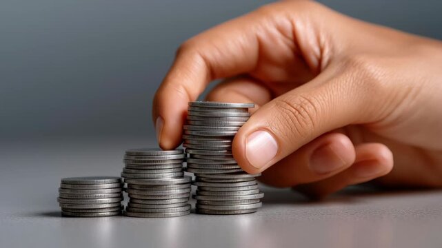 Stacked coin pile coin stack saving finance money hand stacked coin pile savings concept with hand placing coin showing careful growth and financial
