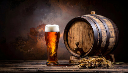 Refreshing Beer and Barrel Still Life on Rustic Wooden Table.