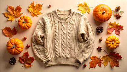 Cozy Autumn Flat Lay with Cable Knit Sweater, Pumpkins, and Fall Leaves.