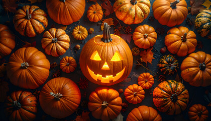 Glowing Jack O Lantern Surrounded by Pumpkins for Halloween.