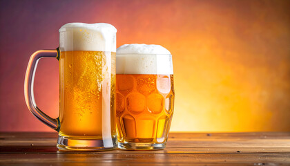 Two refreshing glasses of golden beer with frothy white foam on a wooden table with a colorful blurred background.