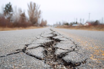 Low-angle perspective of severely cracked asphalt road. Deep fissure highlights pavement deterioration, neglect, and infrastructure damage. Ideal for repair, broken systems, or challenging metaphorica