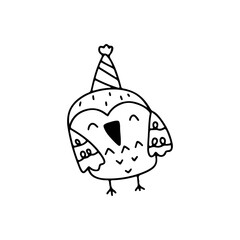 Simple Line Drawing Of A Cute Happy Owl Wearing A Party Hat In A Doodle Style On A Transparent Background