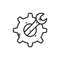 Simple Line Drawing of a Gear With a Wrench Inside Symbolizing Mechanical Engineering and Repair Work With Transparent Background