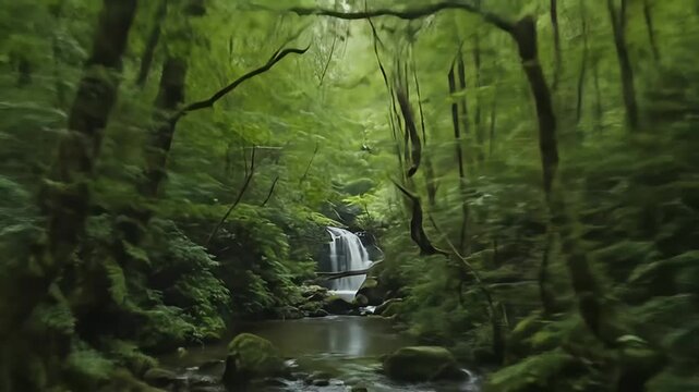 Tranquil forest stream with moss-covered log bridge	