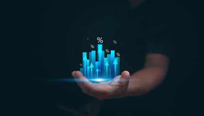 Business growth and financial increase concept. Glowing bar chart with arrow up and percentage...