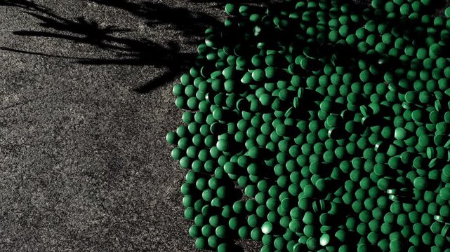 Chlorella and spirulina algae.Space for text. Spirulina mockup with shadows. 4k footage