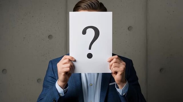 Man in blue suit holding a question mark sign over his face	