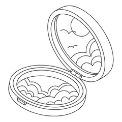 Open compact makeup powder case with a mirror reflecting clouds and birds and powder with cloud pattern inside isolated on white background line art