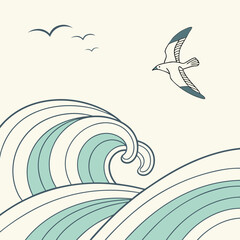 Stylized illustration of a large ocean wave with a seagull flying overhead against a pale background